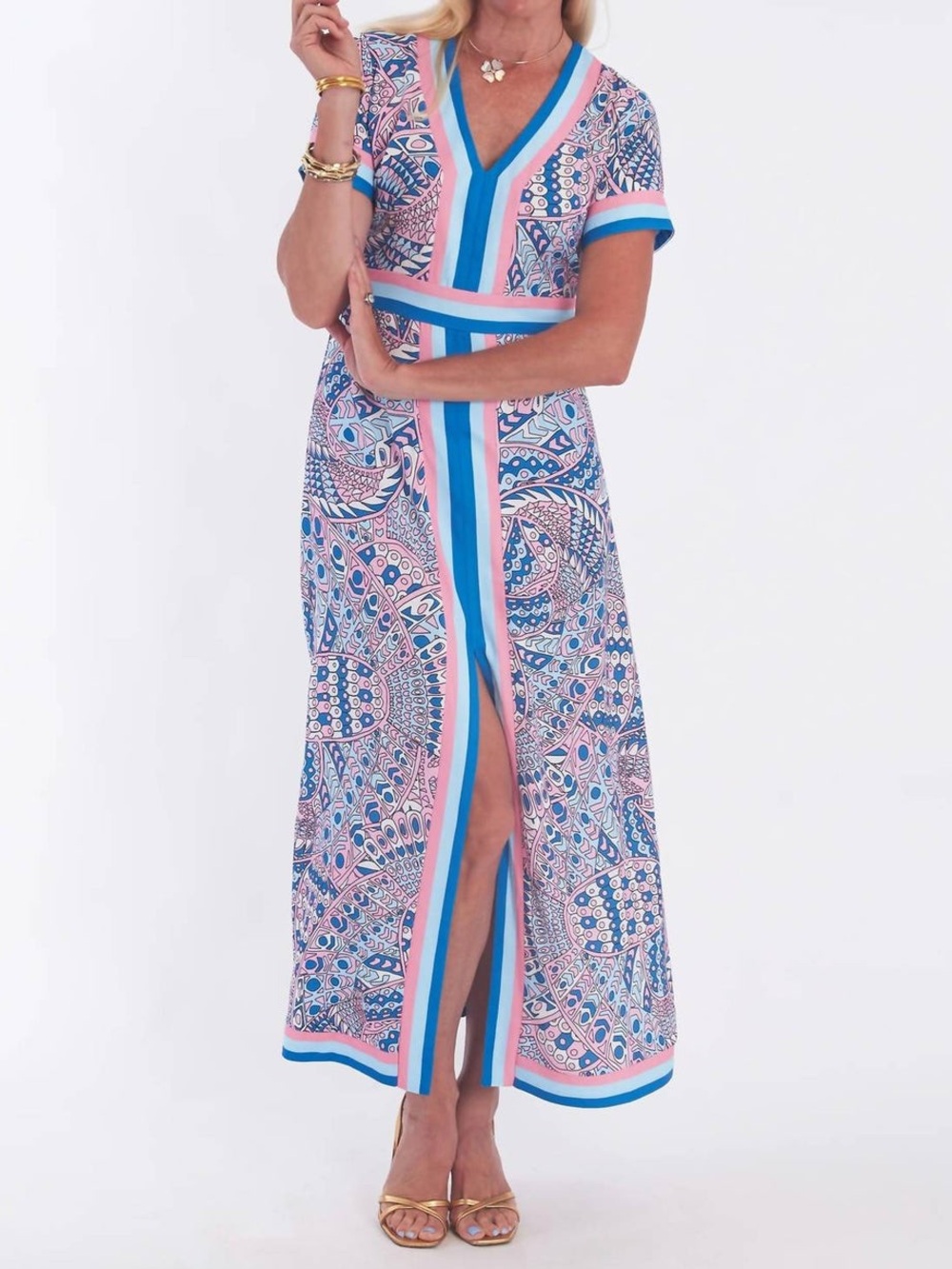 CK Bradley Leland Maxi Dress Falcon Hydrangea Front Slit Blue and White Multi L